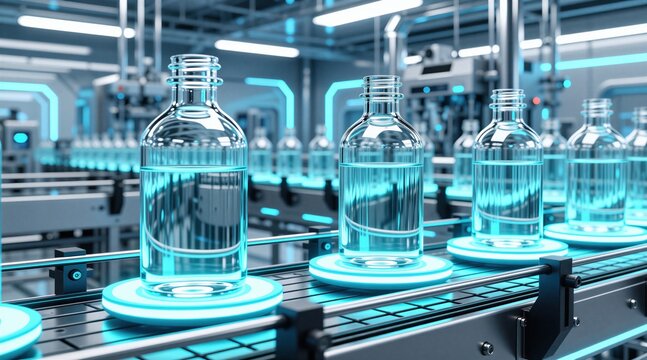 Automated line fills clear bottles with blue liquid on a conveyor belt. Modern factory produces goods with glowing lights and precision machinery. Efficient industrial process, tech innovation.