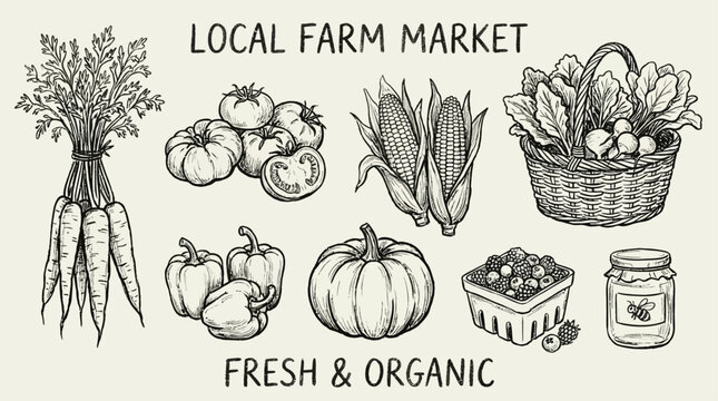 Hand drawn outline sketch vector illustration organic farm market vegetable set including fresh local garden harvest food icons for healthy grocery shopping and culinary agriculture design.