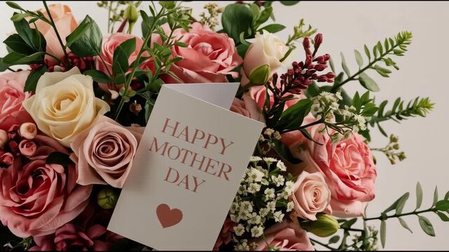 Happy mother day greeting card with pink rose bouquet, cream rose bouquet, green foliage