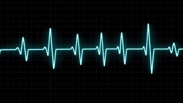 A vibrant cyan heartbeat rhythm monitors vital signs on an electronic medical screen displaying pulse frequency patterns for emergency care professionals working inside a busy hospital trauma