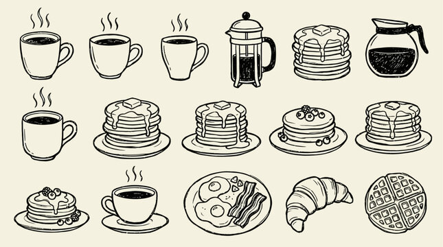 Artistic set of morning breakfast doodle icon collection featuring coffee and pancake stack graphic element in black line art vector illustration style
