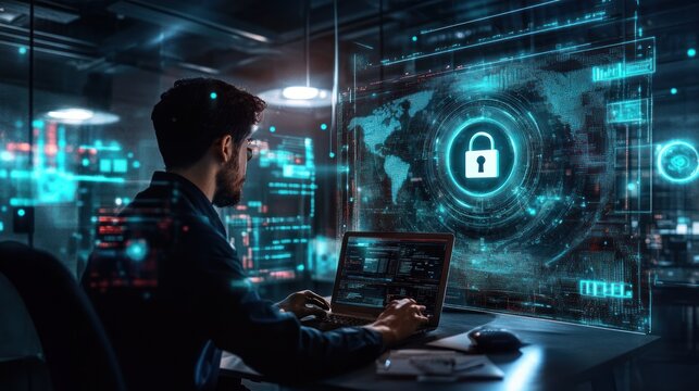 Focused coder working, holographic security interface
