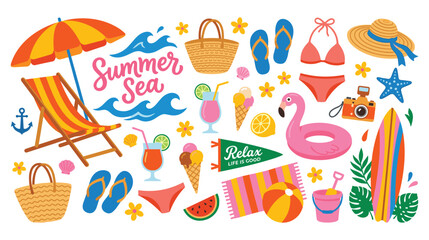 Fototapeta premium Summer beach vacation icons sea elements tropical holiday symbols.