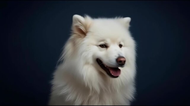 Fluffy white samoyed dog portrait smiling with tongue out joyful expression soft studio lighting