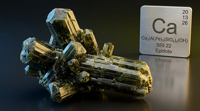 Raw Epidote Prismatic Crystal Cluster Dark Pistachio-Green Vitreous Resinous Luster Elongated Prisms Striated Faces Beside Brushed Calcium Periodic Table Macro Sorosilicate