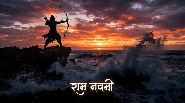Lord Rama Silhouette with Bow and Arrow on Ocean Rocks at Sunset, Ram Navami Festival Concept