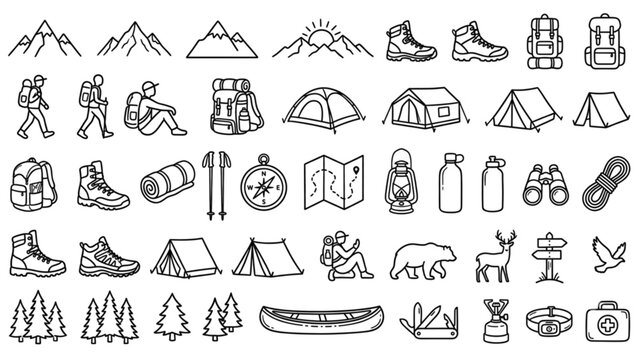 Mountain hiking and outdoor camping line icons set for adventure travel backpacking wilderness exploration forest scout camp equipment vectors