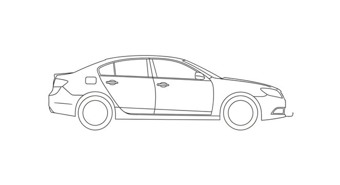 Minimalist line art illustration of a generic modern sedan car, side view. Vector outline drawing for automotive design or transport concepts.