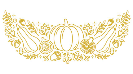 Autumn harvest composition with pumpkins squashes gourds and acorns in golden linear style. © KALPANA AKTER