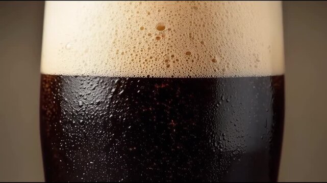 Dark beer stout in pint beer glass with creamy foam, condensation close up, moody studio light