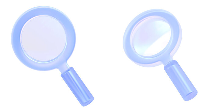 3D magnifying glass icon isolated on transparent background, concept of search, zoom and discovery. Transparent Liquid Glass icon. 3D rendering. Front and Angled Perspective View.