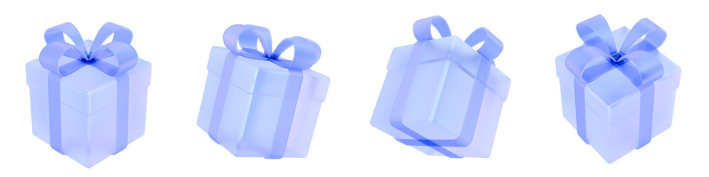 3D gift box icon isolated on transparent background, concept of present, celebration, birthday and reward. Transparent Liquid Glass icon. 3D rendering. Front and Angled Perspective View.
