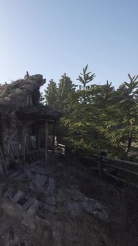 A wooden house stands beside tall trees in a forest. The house shows signs of age and neglect. Sunlight is clear in the sky, and the surroundings are natural and unspoiled.