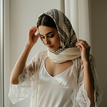 Young woman with dark hair adjusts silk headscarf and lace robe. She looks down with closed eyes near window, soft morning light. Calm beauty and self care.