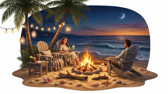 Couple enjoys summer vacation by a beach fire pit at sunset.