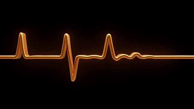 A vibrant golden waveform represents the rhythmic electrical impulses of a human heart monitor display during an intensive care emergency situation within a high technology medical facility