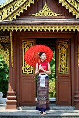 Fototapeta premium Young asian woman in traditional thai dress holds red umbrella. She stands before ornate temple doors. Elegant female model smiles, showcasing cultural heritage and beauty. Peaceful serene atmosphere.