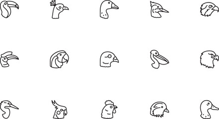 Minimalist outline vector icon collection featuring wild and domestic bird head profiles including peacock goose woodpecker parrot rooster and pelican © jesmin_