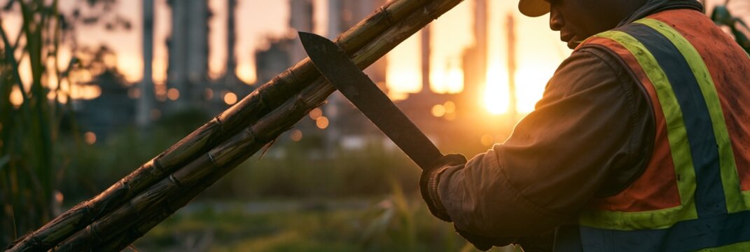Focus on a reflective safety vestclad worker lifting sugarcane stalks at golden hour machete blade catching warm light with a blurred biofuel refinery and plantation trees creating