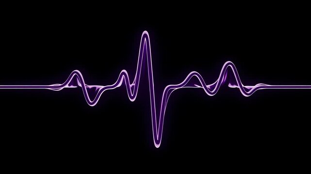 A luminous purple pulse line radiates across the dark void representing rhythmic heartbeats and medical monitoring technology used to visualize electrical activity within the human biological
