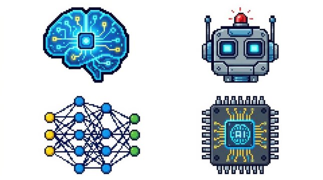 Artificial Intelligence Pixel Art Icons Set, Brain, Robot and Neural Network, Microchip, Isolated on White
