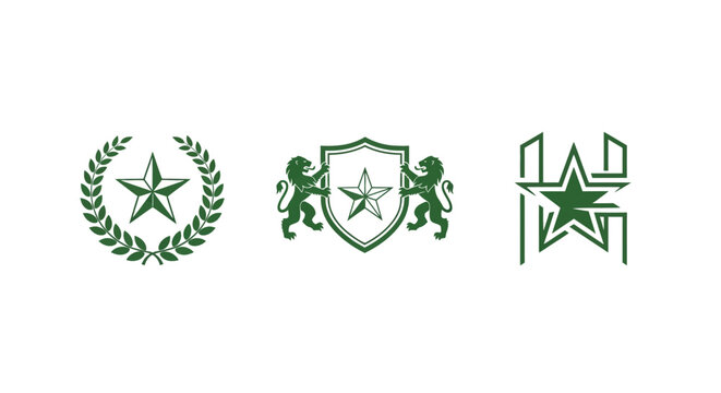 Three green emblem designs with stars and shields.