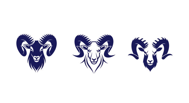 Three Intricate Ram Head Silhouettes in Blue.