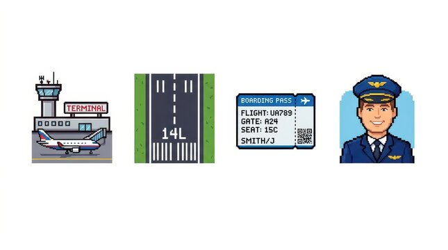 Pixel art food icons set, retro 8-bit fast food illustrations on grid, burger pizza coffee and cupcake sprites for gaming and web design