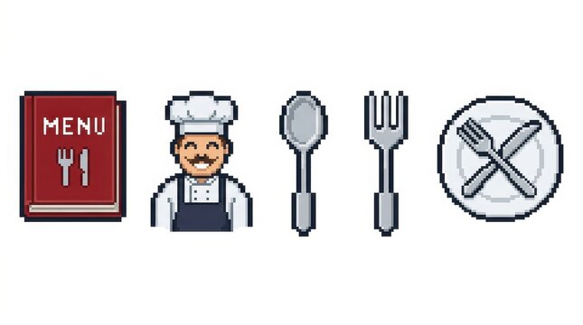 Pixel art restaurant icons set, 8-bit chef character with menu book and cutlery, retro gaming style kitchen and dining graphics for food apps