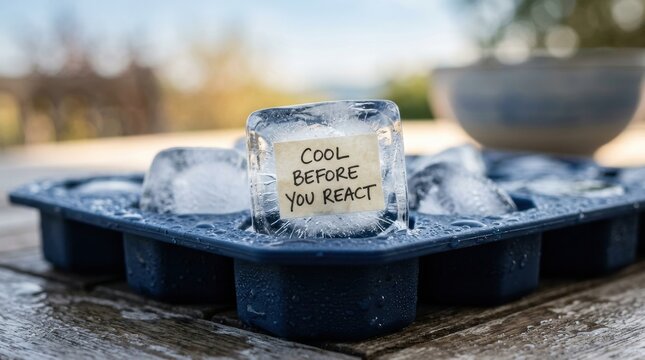 Ice cube with cool before you react message on tray