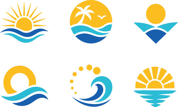 Collection of six colorful coastal logos featuring rising suns, ocean waves, palm trees, birds, and circular beach emblems. Ideal for travel agencies, resorts, tourism brands, surf clubs, summer event