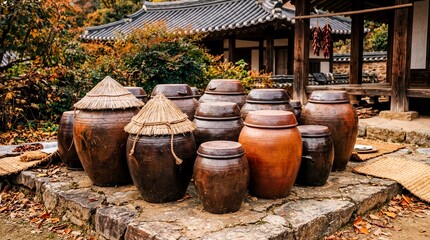 Obraz premium fermentation traditions, traditional korean kimchi jars made of earthenware, exuding rustic charm