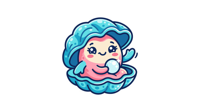 Kawaii pink pearl mascot in blue shell, featuring cute 3D character design with playful ocean-inspired style.