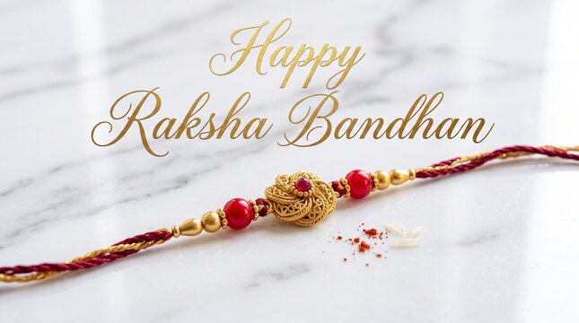  Elegant Happy Raksha Bandhan greeting card. Traditional gold and red Rakhi thread with rice grains and kumkum on a luxury white marble background