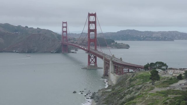 Golden Gate Bridge North Tower Aerial View On Overcast Day