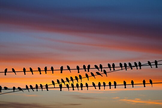 Many birds sit in silhouette on power lines against a vibrant sunset sky. The colorful clouds create a dramatic backdrop for the flock gathering at dusk.