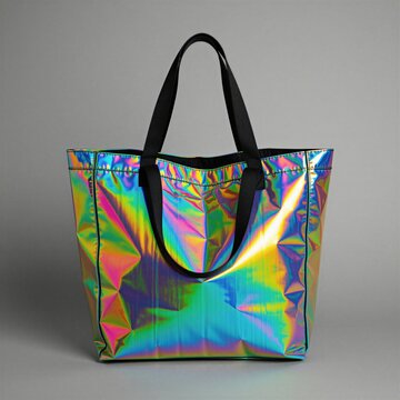 Iridescent shiny tote bag with black handles displays rainbow colors and geometric texture. Modern stylish accessory for shopping or everyday use, a trendy gift.