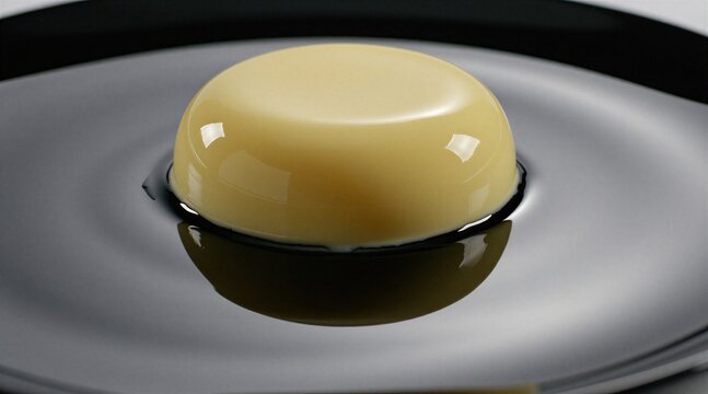 Creamy dessert portion sits in dark liquid on glossy black plate. Smooth rounded top shows reflections. Minimalist food presentation, elegant culinary detail.