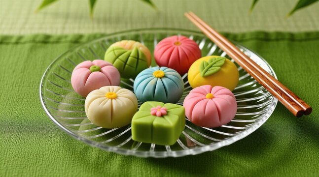 Plate of pastel colored Japanese sweets shaped like flowers and leaves. Chopsticks rest on glass dish over green textured cloth. Sweet delights look artistic and edible.