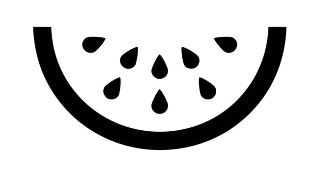 Watermelon slice icon with seeds, simple black vector graphic illustration, half moon shape, healthy food design element.