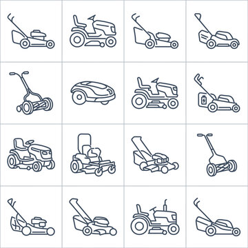 Collection of various lawn mower line art illustrations.