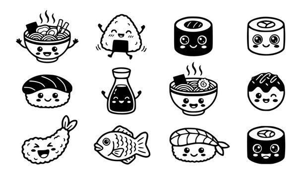 Cute kawaii japanese food character vector set with funny cartoon sushi maki ramen bowl onigiri tempura and asian dining line art for kids