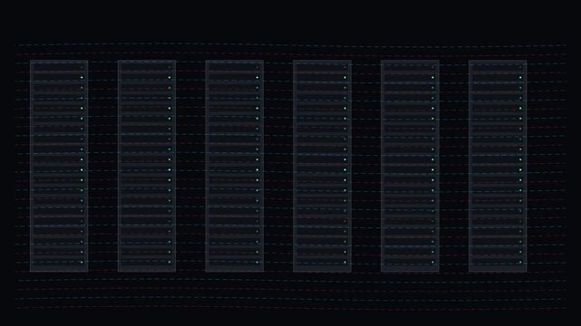 Digital data center server racks with blinking green led lights for cloud computing and network infrastructure technology animation 4k
