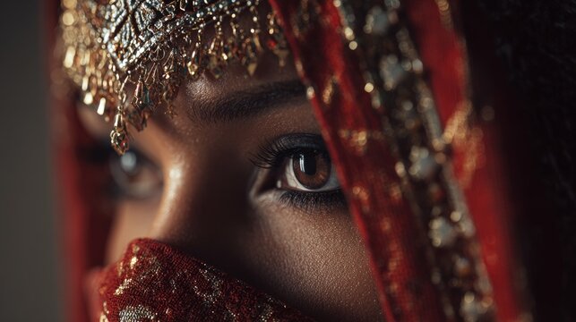 Indian woman's eye with traditional golden jewelry and red veil