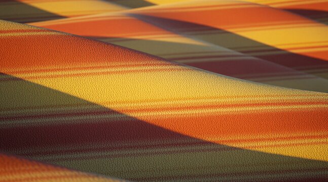 Abstract desert dunes with layered warm colors, striped patterns. Sunlight creates soft shadows across undulating sandy terrain. This digital art composition features subtle textures, muted palette.
