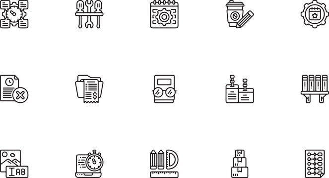 Professional workspace and office supplies outline vector icon set featuring tool racks planning calendars coffee cups fax machines and identity badges
