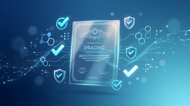 Digital certificate with glowing checkmarks and shields on blue tech background