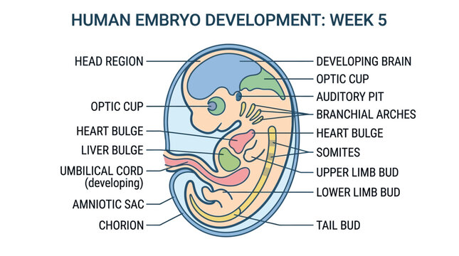 Detailed illustration of a human embryo at week 5, showcasing developing brain, heart bulge, and limb buds in a medical diagram with labeled parts.