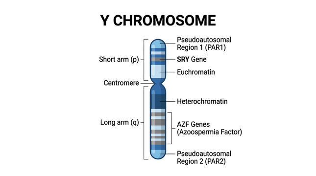 Detailed illustration of the Y chromosome with labeled parts including Pseudoautosomal Region 1, SRY Gene, Euchromatin, Heterochromatin, AZF Genes, and Pseudoautosomal Region 2 on a white