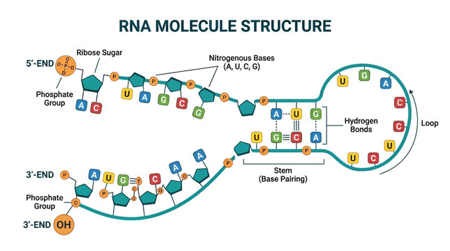 Detailed illustration of a ribonucleic acid molecule structure with labeled components and base pairing on a white background.